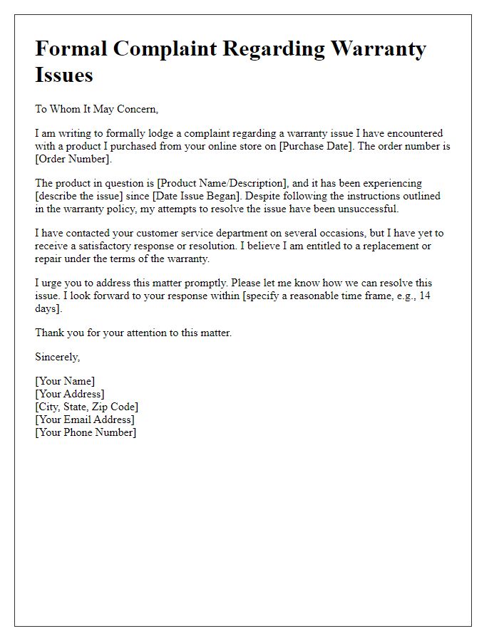 Letter template of formal complaint to online retailer related to warranty issues.