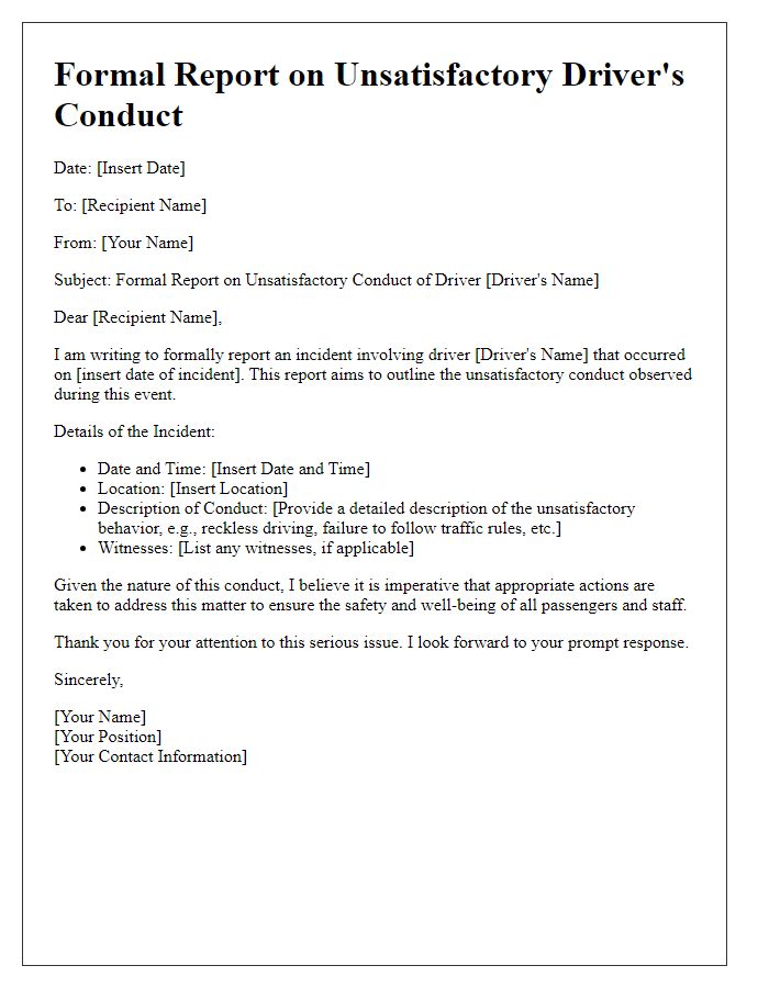 Letter template of formal report on unsatisfactory driver's conduct.