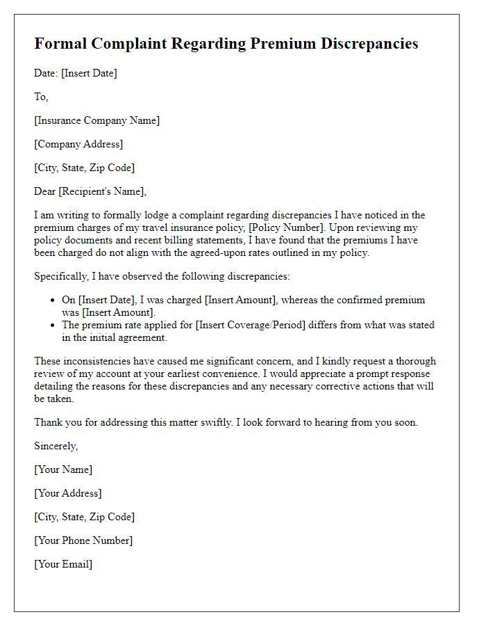 Letter template of formal complaint about premium discrepancies in travel insurance plan.