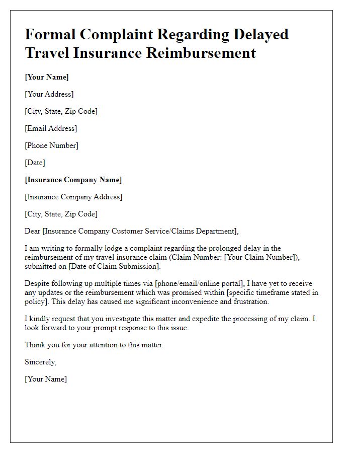 Letter template of formal complaint concerning delayed travel insurance reimbursement.