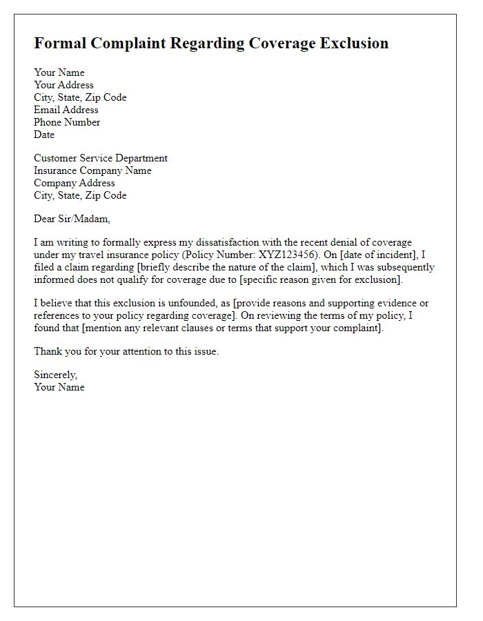 Letter template of formal complaint for coverage exclusion in travel insurance policy.