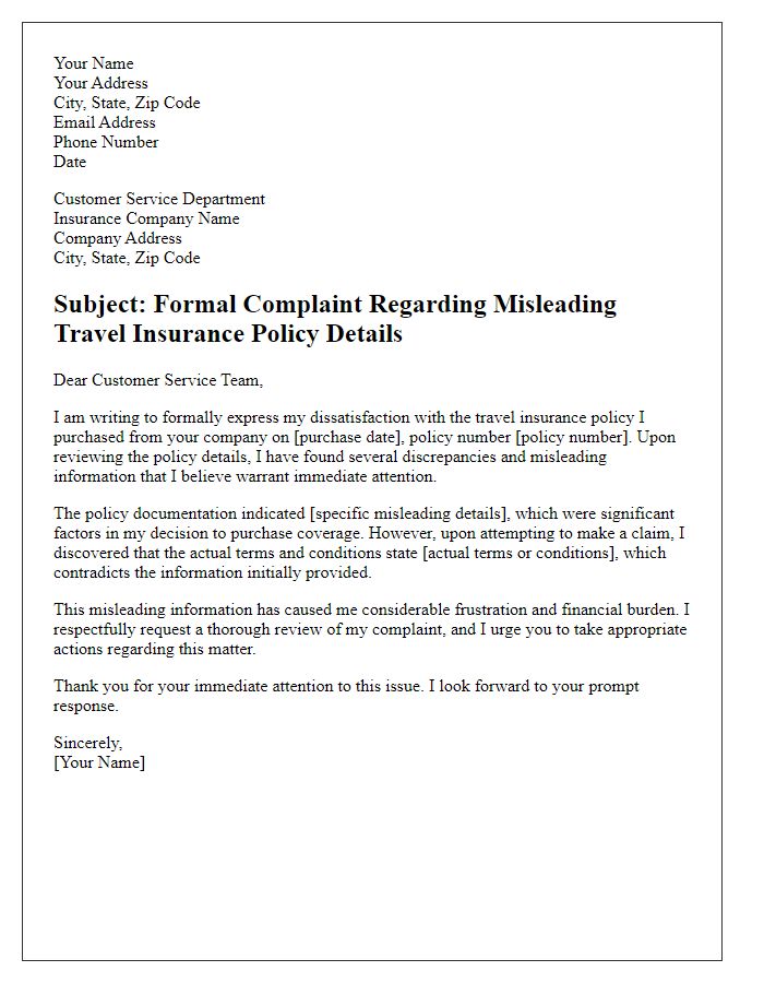 Letter template of formal complaint over misleading travel insurance policy details.