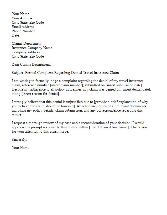 Letter template of formal complaint regarding denied travel insurance claim.