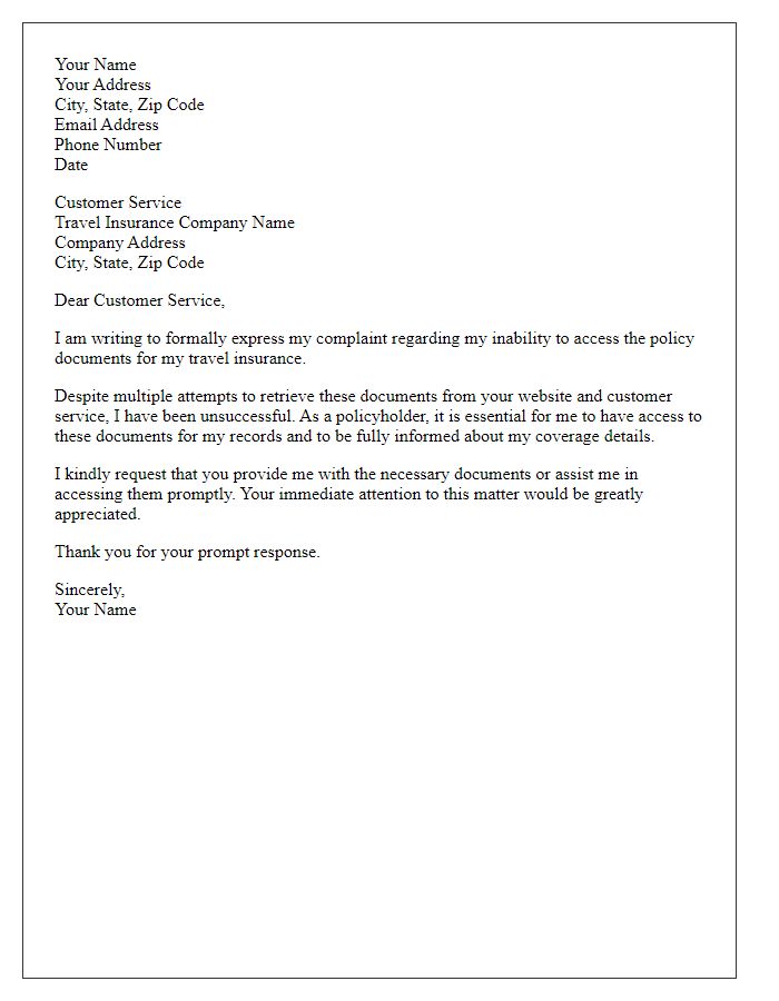 Letter template of formal complaint regarding inability to access policy documents from travel insurance provider.