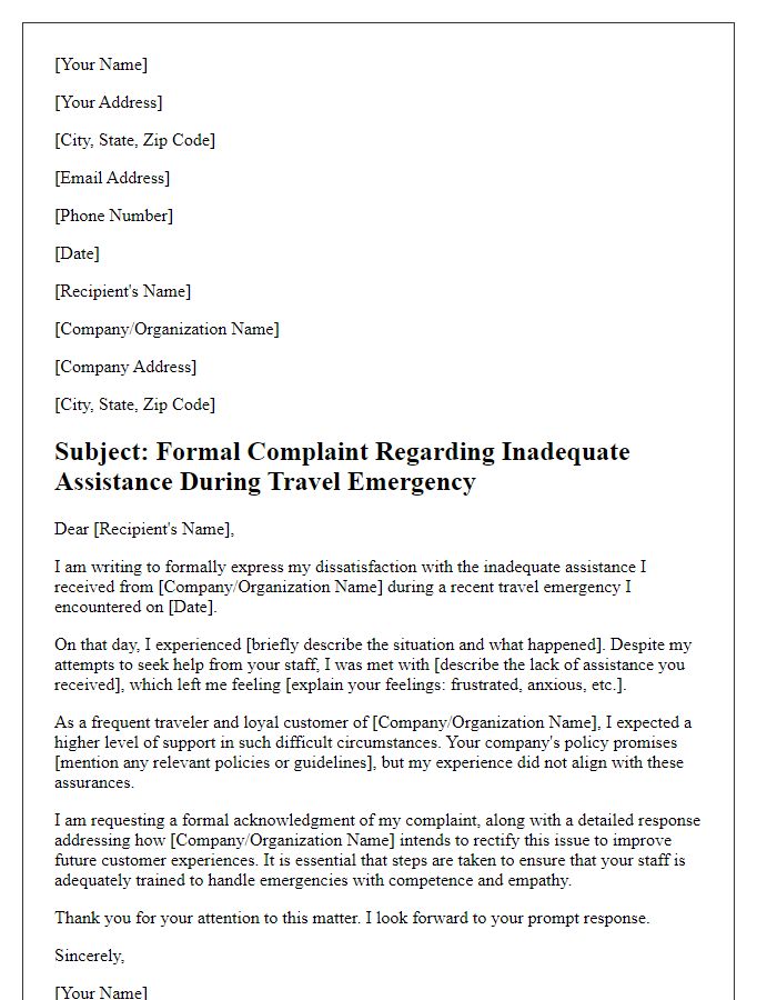 Letter template of formal complaint regarding inadequate assistance during travel emergencies.