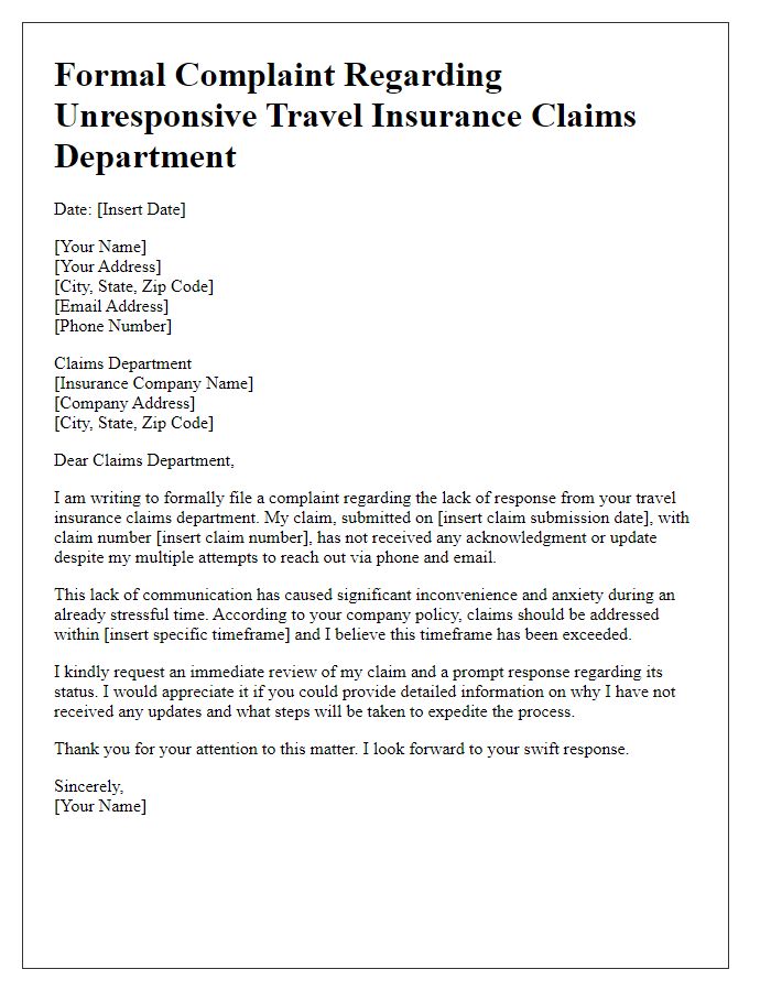 Letter template of formal complaint related to unresponsive travel insurance claims department.