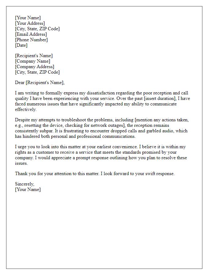 Letter template of formal complaint about poor reception and call quality.