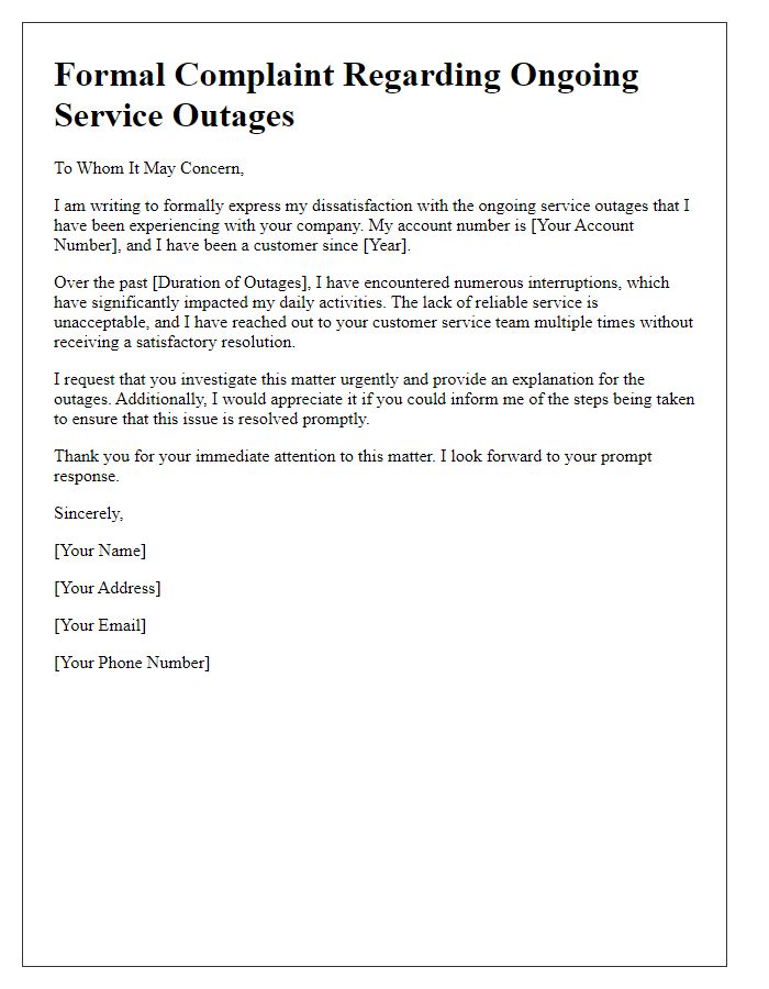 Letter template of formal complaint addressing ongoing service outages.