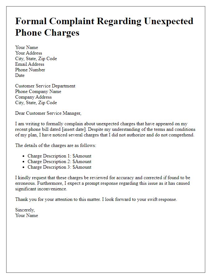 Letter template of formal complaint concerning unexpected phone charges.