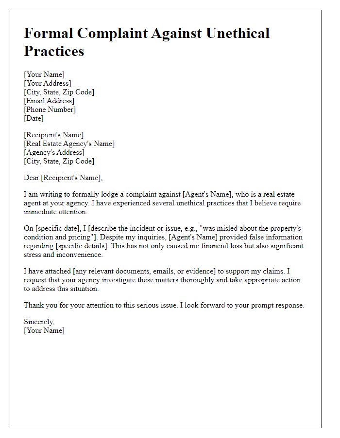 Letter template of formal complaint against unethical practices of real estate agent