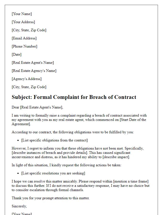 Letter template of formal complaint for breach of contract by real estate agent