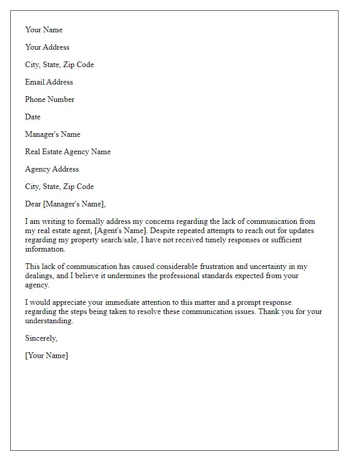 Letter template of formal complaint highlighting lack of communication from real estate agent