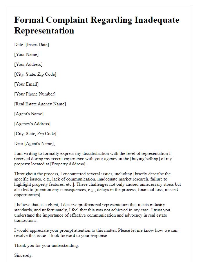 Letter template of formal complaint for inadequate representation by real estate agent