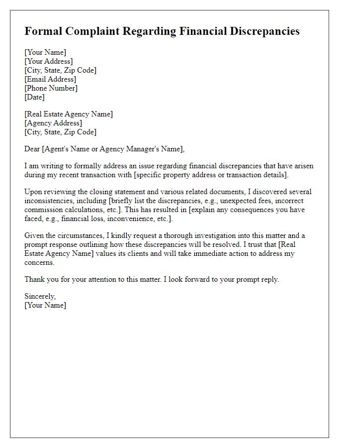 Letter template of formal complaint regarding financial discrepancies caused by real estate agent