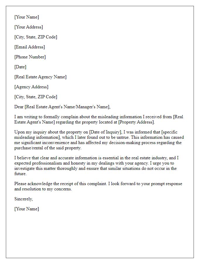 Letter template of formal complaint related to misleading information by real estate agent