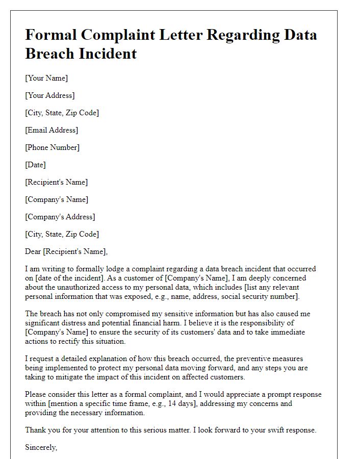 Letter template of formal complaint about data breach incident