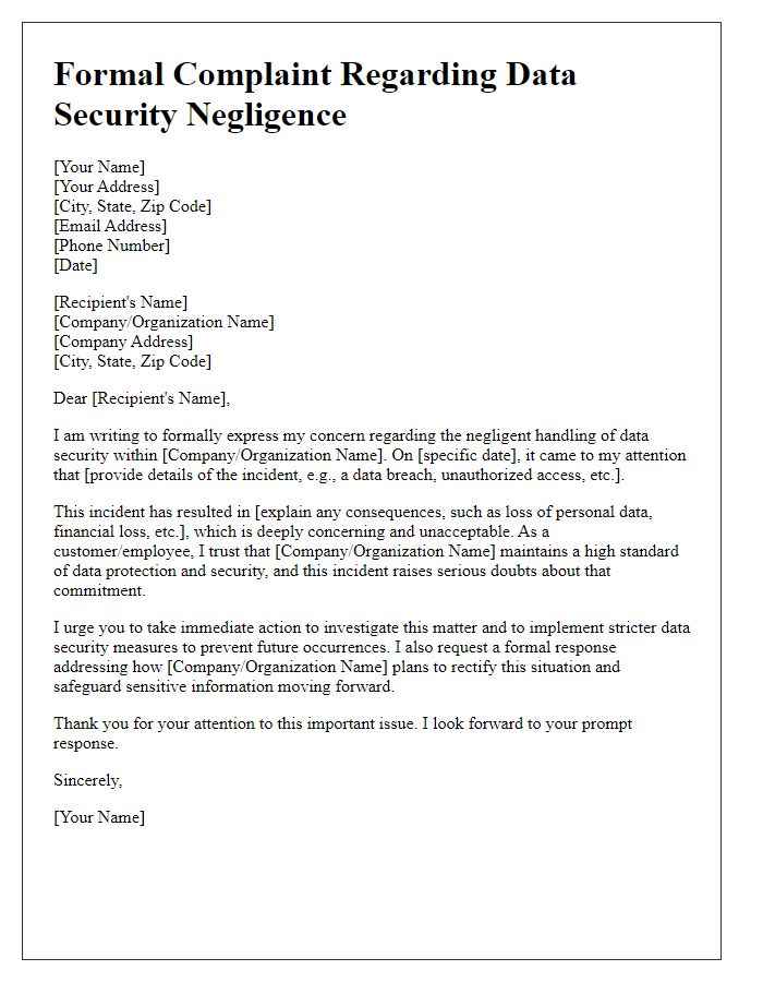 Letter template of formal complaint addressing negligence in data security