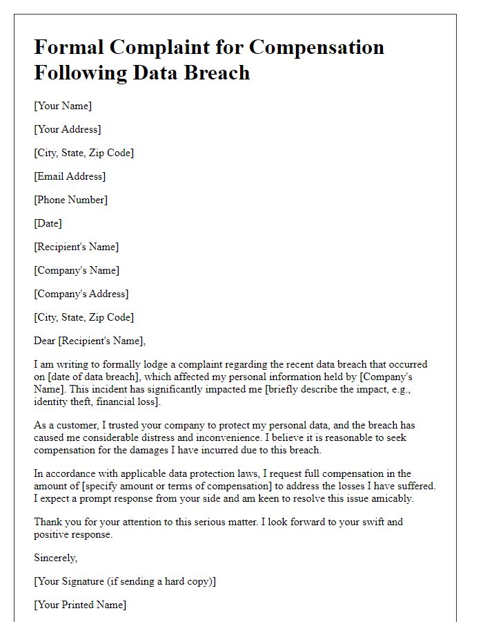 Letter template of formal complaint for compensation following data breach impact