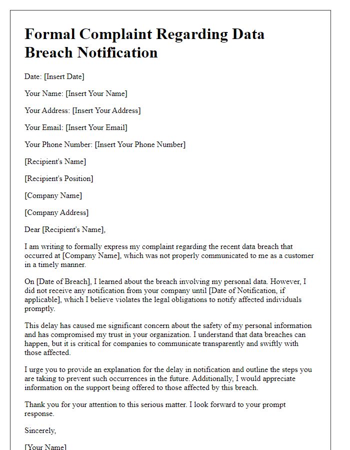 Letter template of formal complaint due to failure to notify about data breach