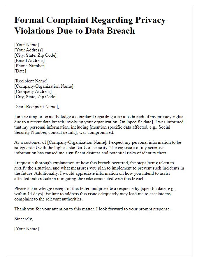 Letter template of formal complaint highlighting privacy violations due to data breach