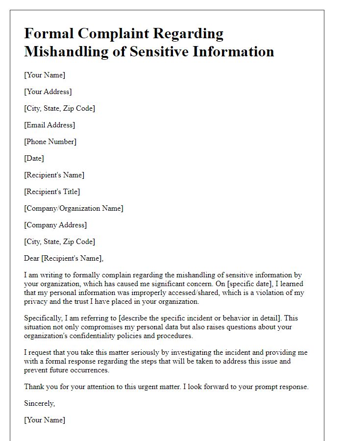 Letter template of formal complaint for mishandling of sensitive information