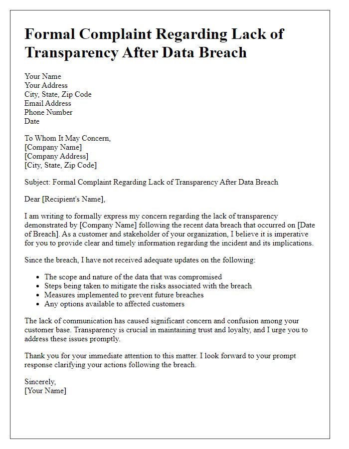 Letter template of formal complaint on lack of transparency after data breach