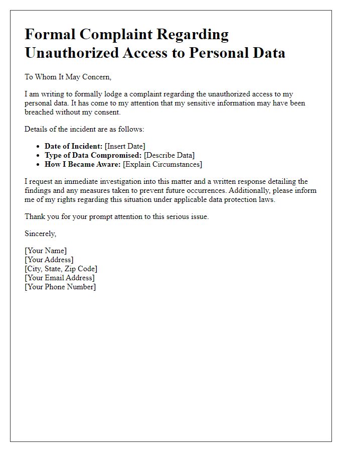 Letter template of formal complaint regarding unauthorized access to personal data