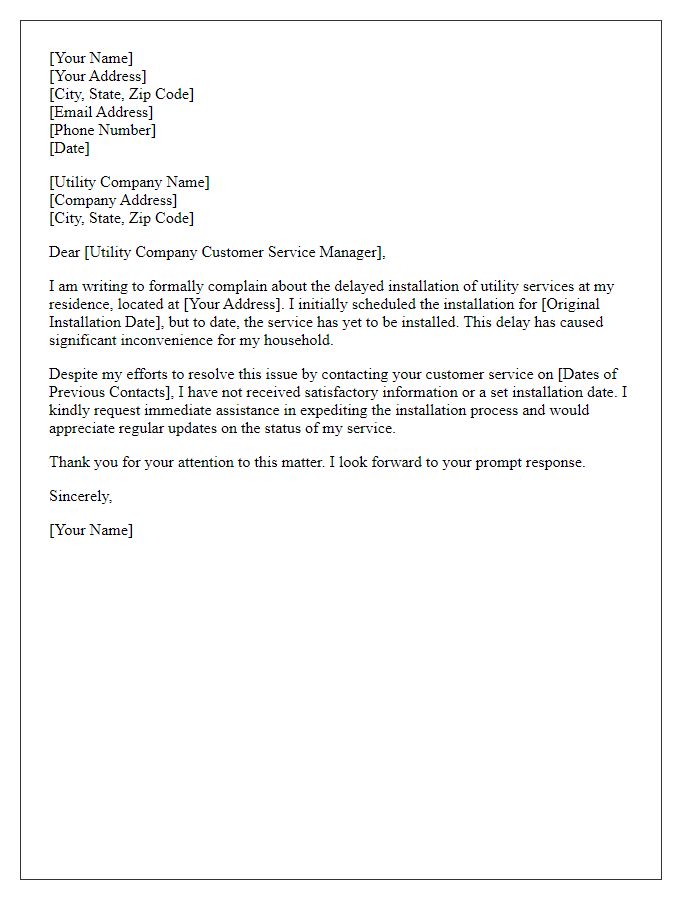 Letter template of formal complaint about delayed service installations by utility company.