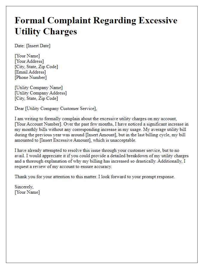 Letter template of formal complaint about excessive utility charges.