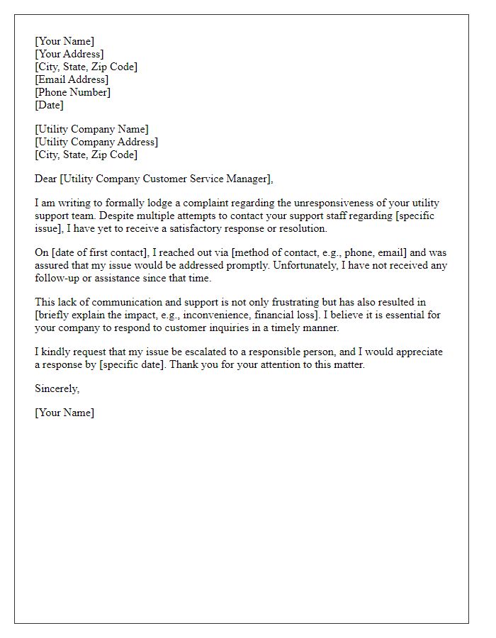 Letter template of formal complaint addressing unresponsive utility support.