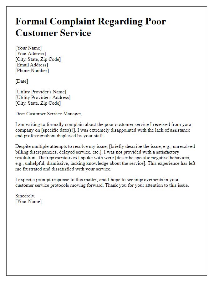 Letter template of formal complaint concerning poor customer service from utility provider.