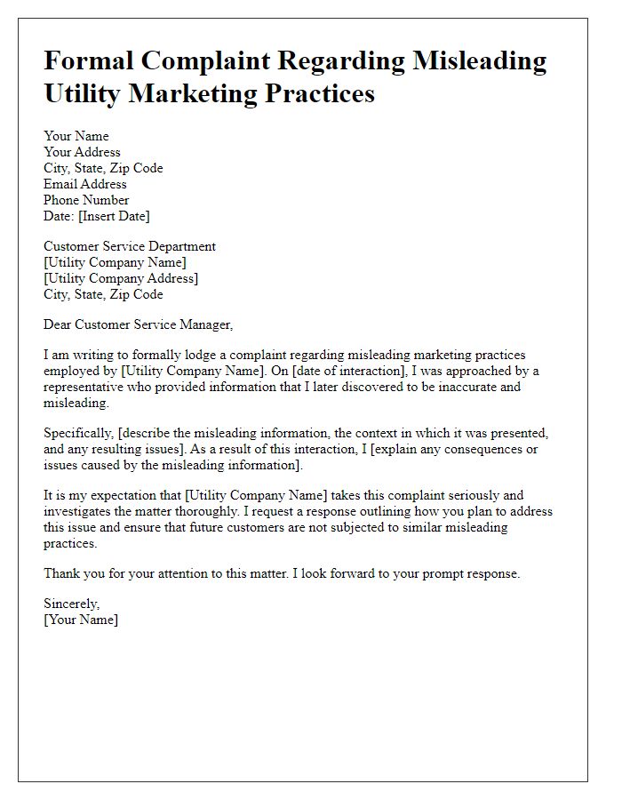 Letter template of formal complaint for misleading utility marketing practices.