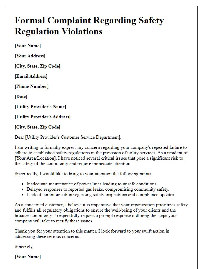 Letter template of formal complaint on utility provider's failure to meet safety regulations.