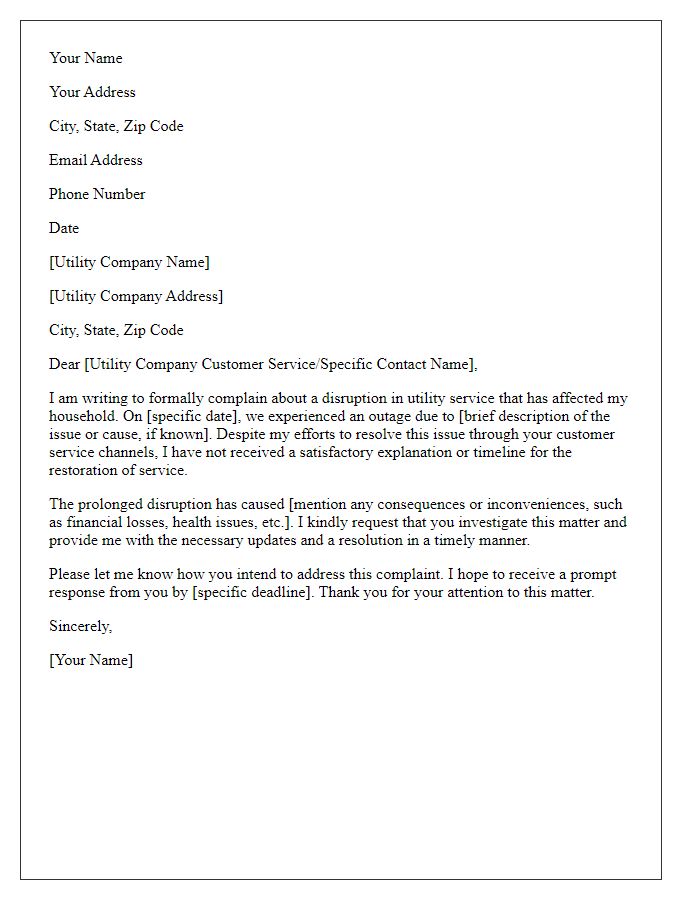 Letter template of formal complaint regarding utility service disruption.