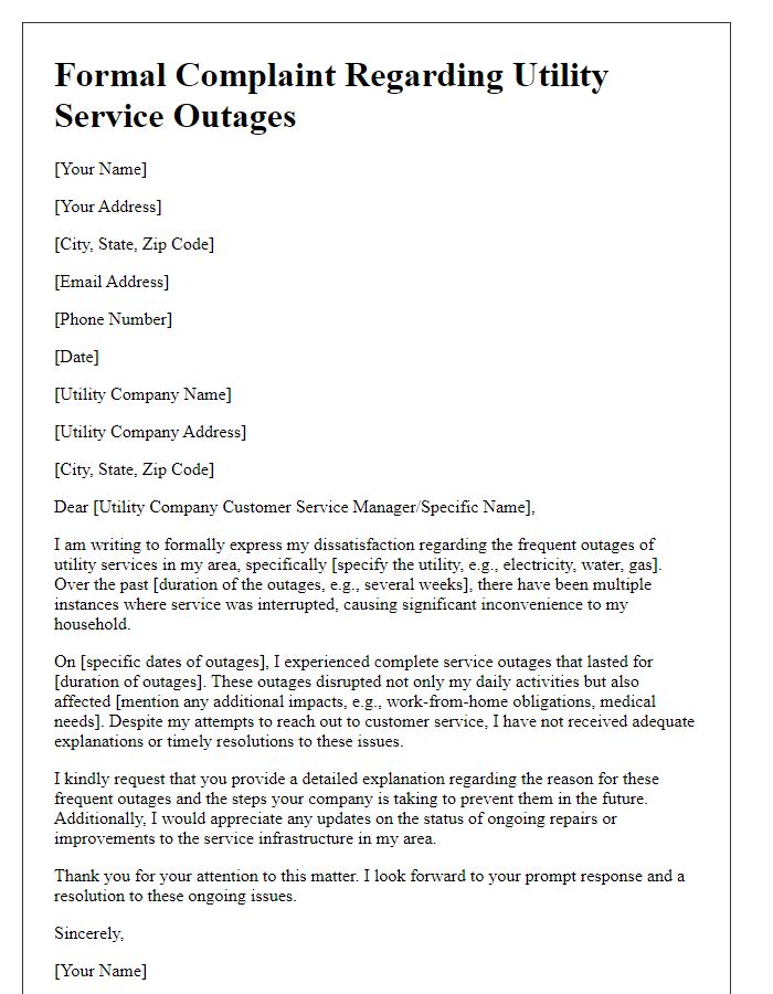 Letter template of formal complaint related to utility service outages.