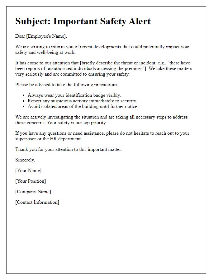 Letter template of formal alert about threats to employee safety