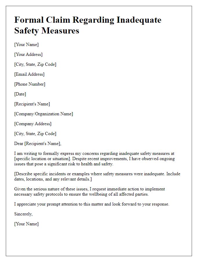 Letter template of formal claim regarding inadequate safety measures