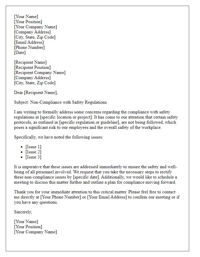 Letter template of formal communication about non-compliant safety regulations