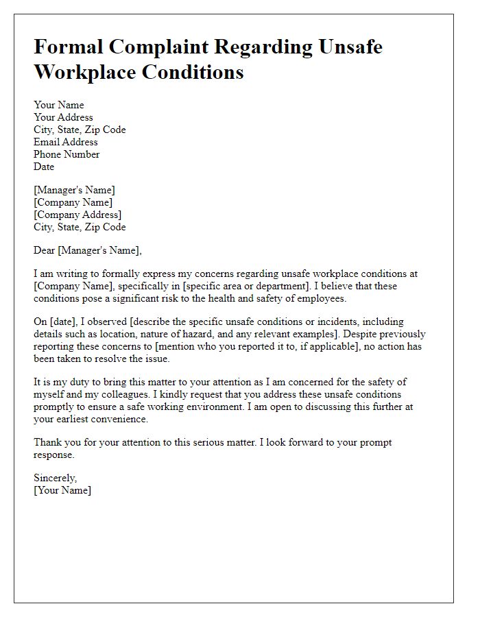 Letter template of formal complaint regarding unsafe workplace conditions