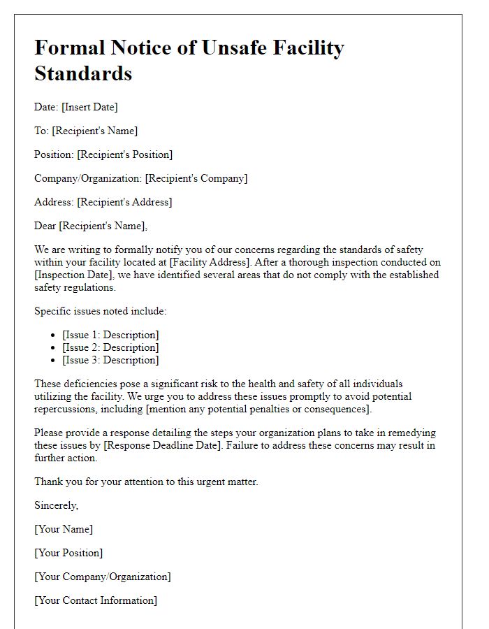 Letter template of formal notice addressing unsafe facility standards