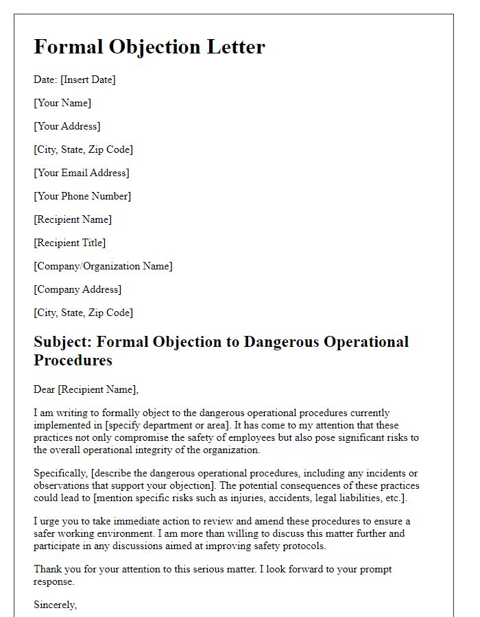 Letter template of formal objection concerning dangerous operational procedures