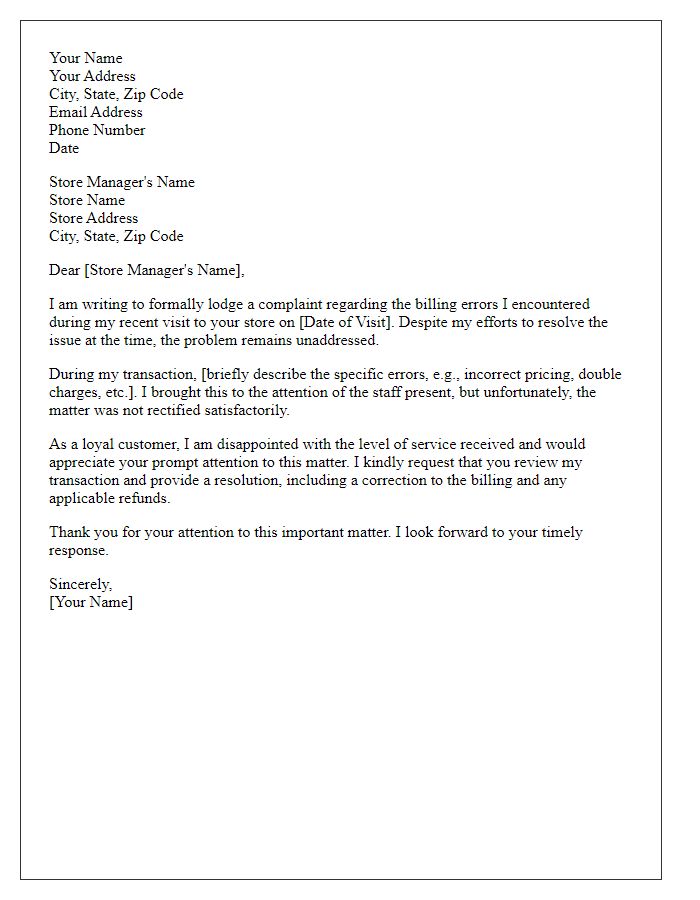 Letter template of formal complaint against store manager about billing errors.