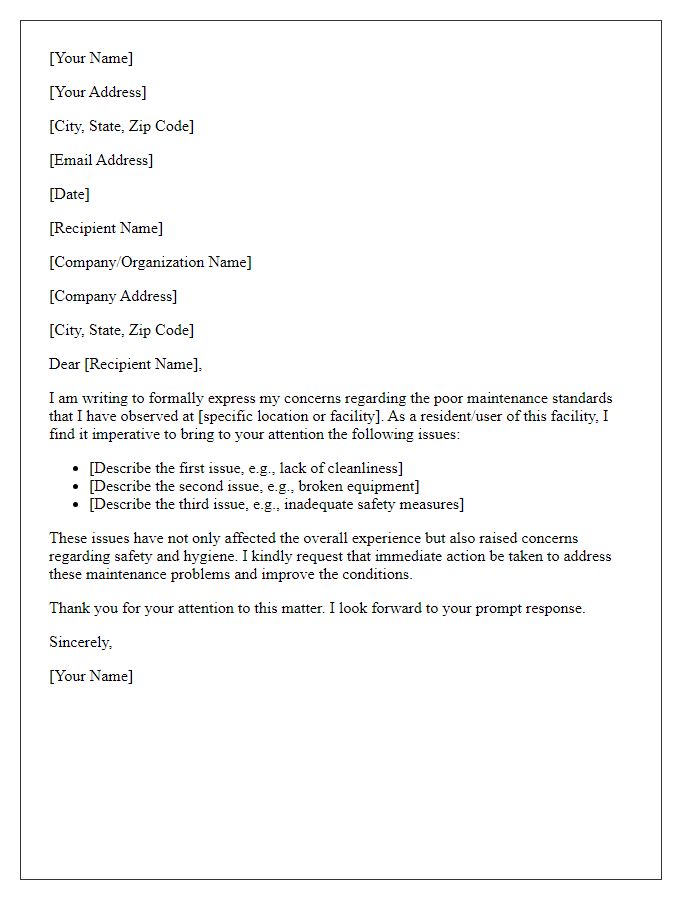 Letter template of formal complaint about poor maintenance standards