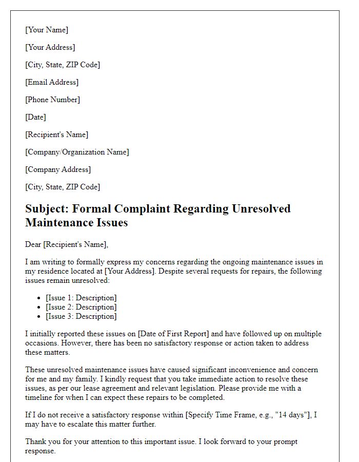 Letter template of formal complaint addressing unresolved maintenance issues