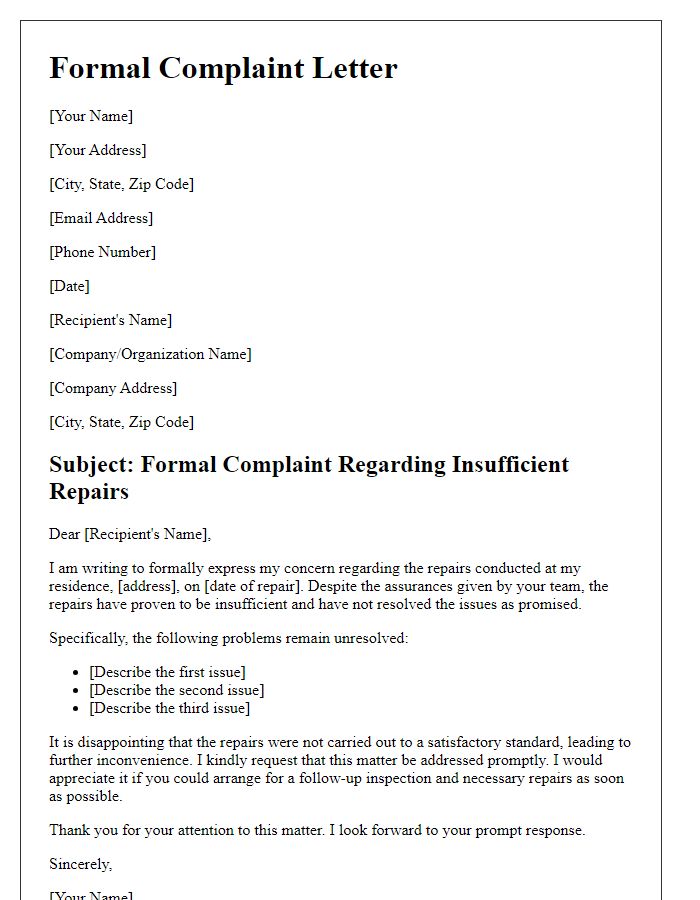 Letter template of formal complaint highlighting insufficient repairs