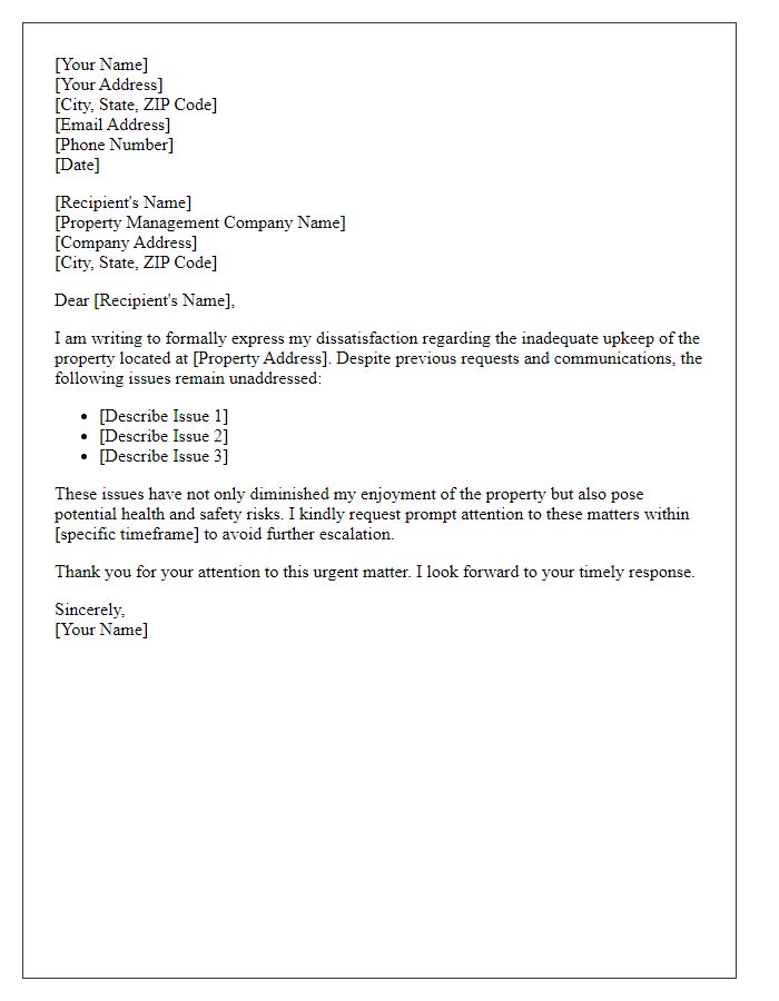 Letter template of formal complaint regarding inadequate property upkeep