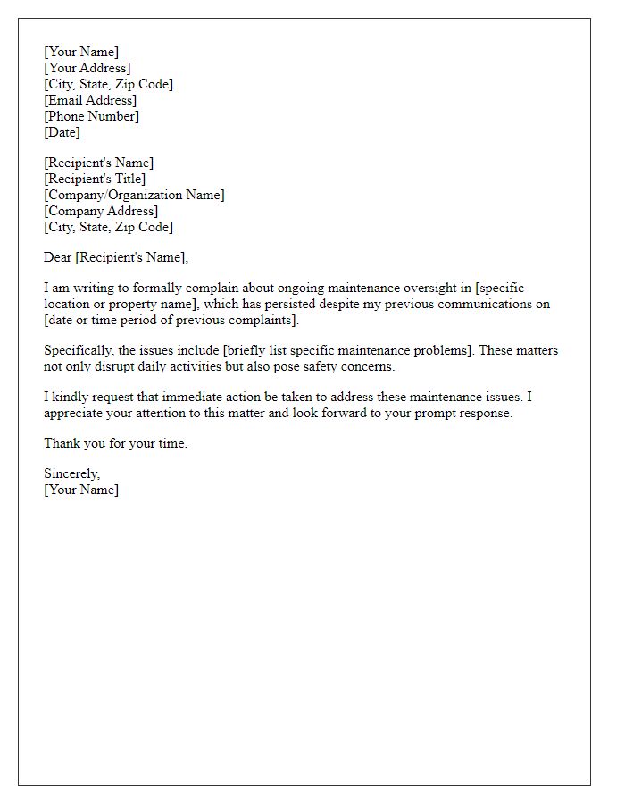 Letter template of formal complaint regarding maintenance oversight