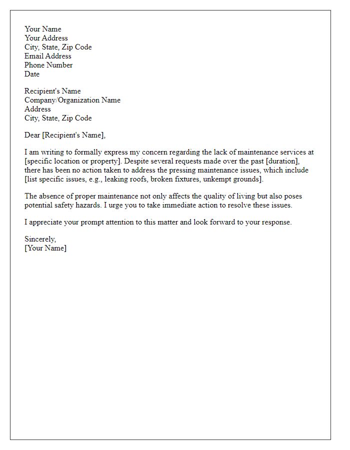 Letter template of formal complaint related to lack of maintenance services