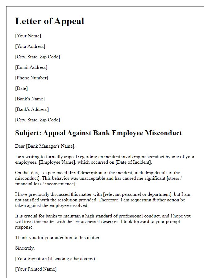 Letter template of appeal for action against bank employee misconduct