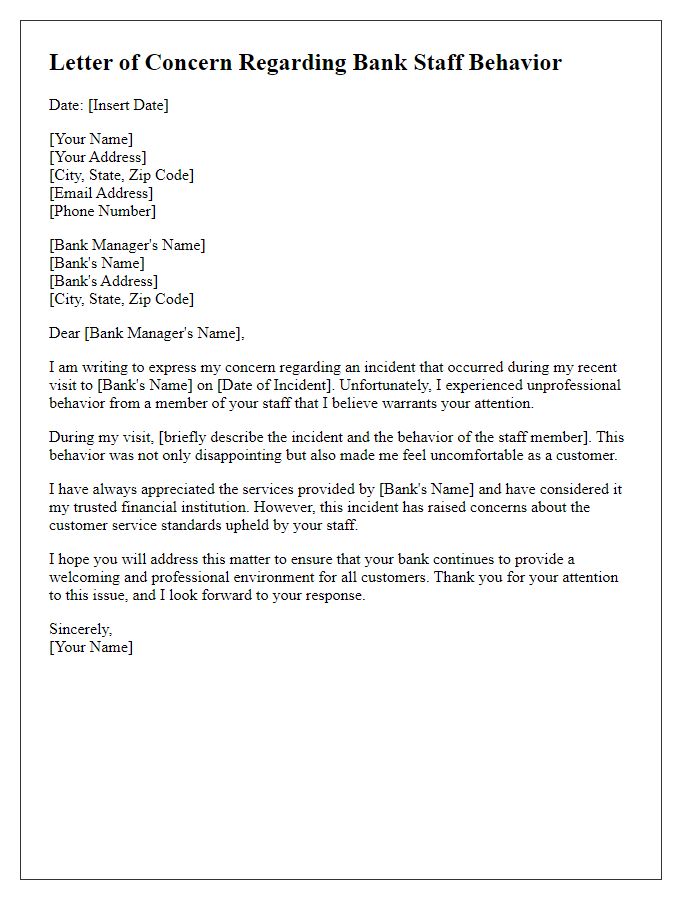 Letter template of concern regarding bank staff behavior